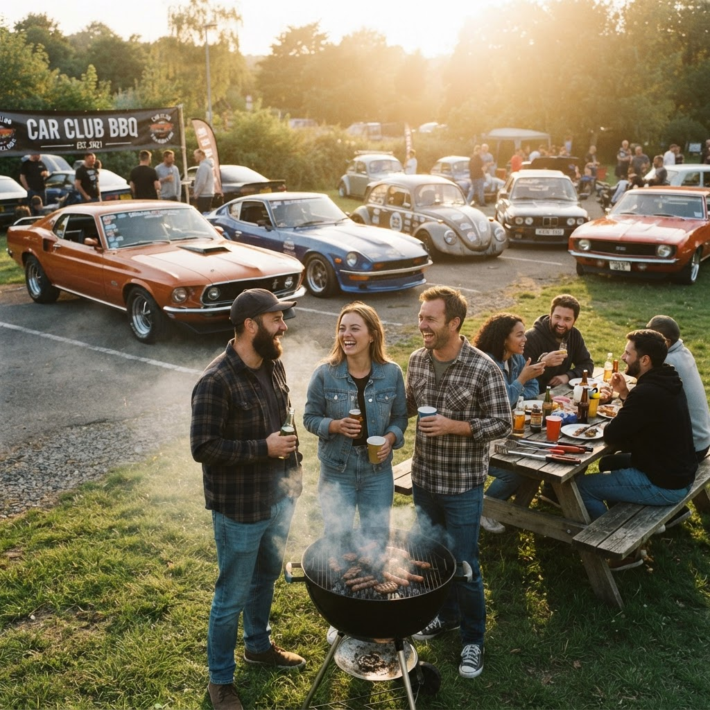 Membros do 88 Car Club reunidos em um churrasco